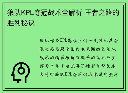 狼队KPL夺冠战术全解析 王者之路的胜利秘诀
